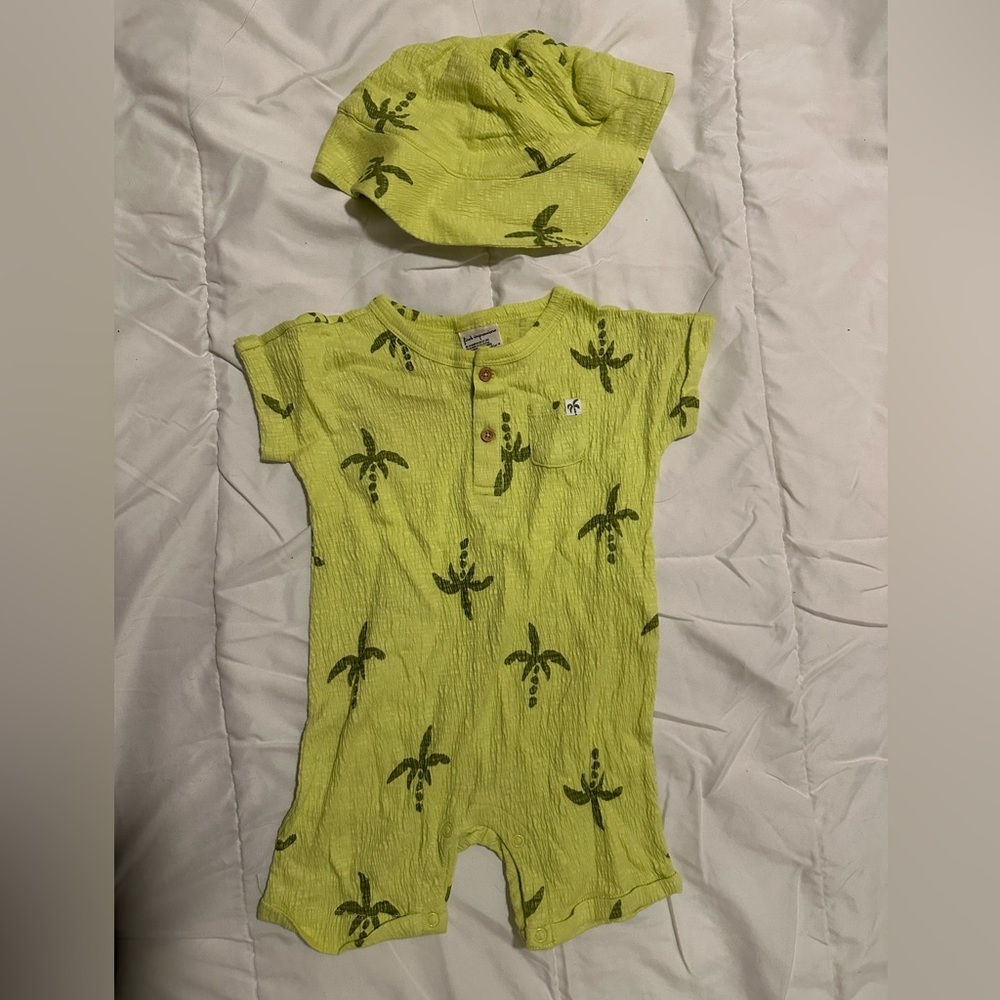 First Impressions Lime Green Palm-Print One-Piece with Matching Hat